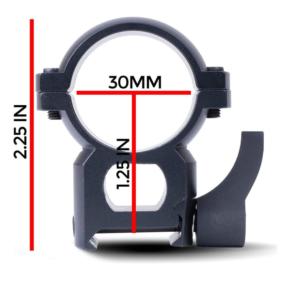 Load image into Gallery viewer, Dimensions of Quick Detach Scope Rings for 30 mm Tube Rifle Scopes.