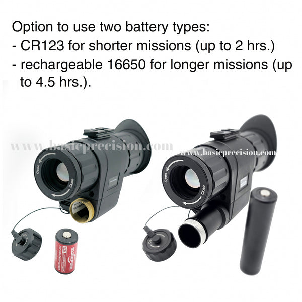 Load image into Gallery viewer, The Bering Optics Multipurpose MULTITASK 1.0x25 handheld and head/helmet mountable Thermal Monocular Shown With Two Battery Options.