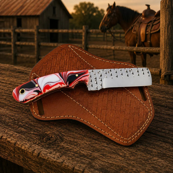 Load image into Gallery viewer, Ironcrest Bull Cutter Knife – Rasp Steel, Resin Handle & Leather Sheath