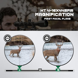 Target-Proportional First Focal Plane Reticle Of Discovery Optics HT 4-16X44 SFIR Hunting Riflescope With HT (High Transmittance) Multicoated Glass, Aircraft-Grade Aluminum One-Piece 30mm Tube And Premium Turrets Shown At Magnification 4X And 16X
