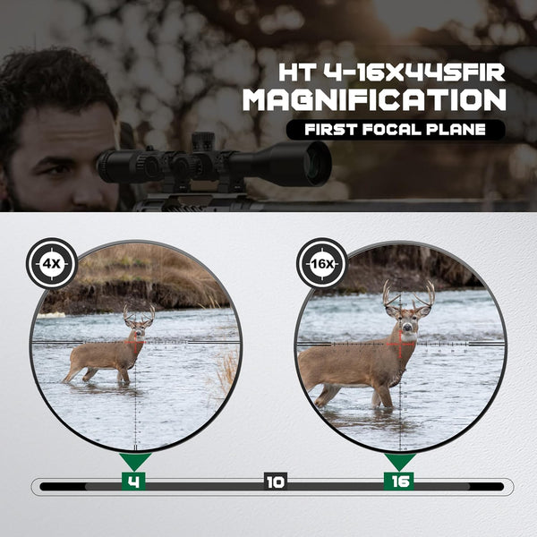 Load image into Gallery viewer, Target-Proportional First Focal Plane Reticle Of Discovery Optics HT 4-16X44 SFIR Hunting Riflescope With HT (High Transmittance) Multicoated Glass, Aircraft-Grade Aluminum One-Piece 30mm Tube And Premium Turrets Shown At Magnification 4X And 16X