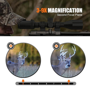 Reticle Of Discovery Optics MT 3-9X40 Second Focal Plane Hunting Riflescope With Fully Multicoated Glass, Aircraft-Grade Aluminum One-Piece 1-inch Tube And Covered Turrets Shown At Magnifications 3X and 9X