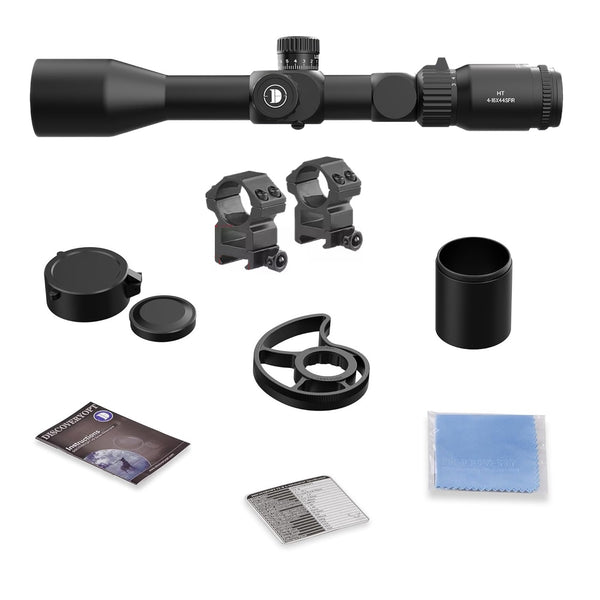 Load image into Gallery viewer, Discovery Optics HT 4-16X44 SFIR First Focal Plane Hunting Riflescope With Illuminated Reticle, HT (High Transmittance) Multicoated Glass, Aircraft-Grade Aluminum One-Piece 30mm Tube And Premium Turrets Shown With Accessories Provided With The Scope