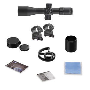 Discovery Optics HT 3-12X40 SF First Focal Plane Hunting Riflescope With HT (High Transmittance) Multicoated Glass, Aircraft-Grade Aluminum One-Piece 30mm Tube And Premium Turrets Shown With Accessories Provided With The Scope