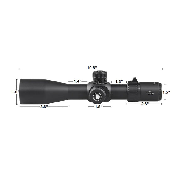 Load image into Gallery viewer, Dimensions Of Discovery Optics HT 3-12X40 SF First Focal Plane Hunting Riflescope With Illuminated Reticle, HT (High Transmittance) Multicoated Glass, Aircraft-Grade Aluminum One-Piece 30mm Tube And Premium Turrets