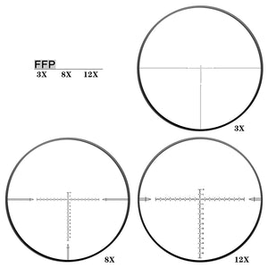 Reticle Of Discovery Optics HT 3-12X40 SF First Focal Plane Hunting Riflescope With HT (High Transmittance) Multicoated Glass, Aircraft-Grade Aluminum One-Piece 30mm Tube And Premium Turrets Shown At Magnifications From 3X To 12X