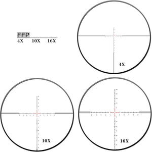 The Illuminated Reticle Of Discovery Optics HT 4-16X44 SFIR First Focal Plane Hunting Riflescope With HT (High Transmittance) Multicoated Glass, Aircraft-Grade Aluminum One-Piece 30mm Tube And Premium Turrets Shown At Magnifications From 4X To 16X