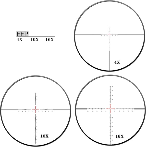 Load image into Gallery viewer, The Illuminated Reticle Of Discovery Optics HT 4-16X44 SFIR First Focal Plane Hunting Riflescope With HT (High Transmittance) Multicoated Glass, Aircraft-Grade Aluminum One-Piece 30mm Tube And Premium Turrets Shown At Magnifications From 4X To 16X