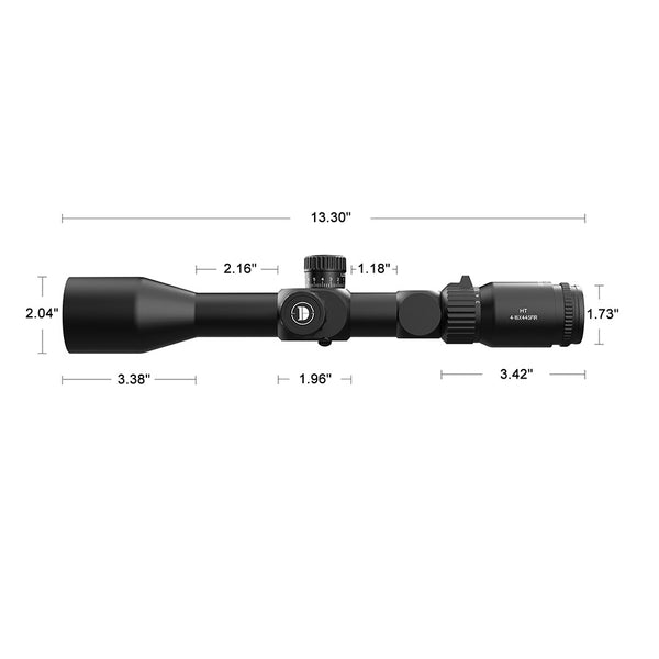 Load image into Gallery viewer, Dimensions Of Discovery Optics HT 4-16X44 SFIR First Focal Plane Hunting Riflescope With Illuminated Reticle, HT (High Transmittance) Multicoated Glass, Aircraft-Grade Aluminum One-Piece 30mm Tube And Premium Turrets