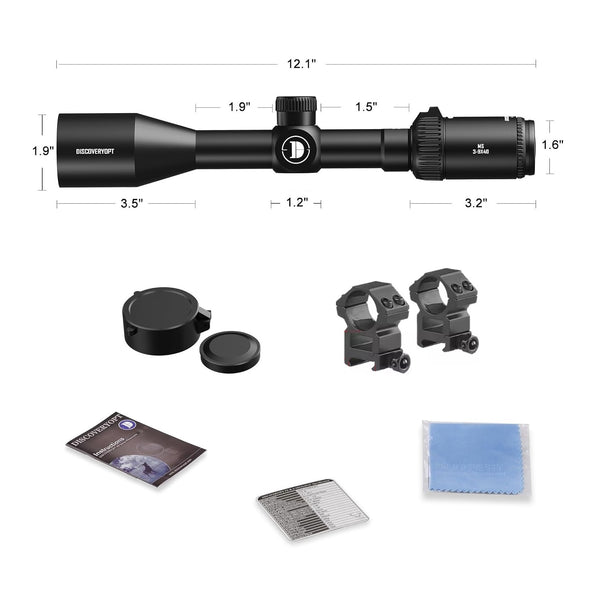 Load image into Gallery viewer, Dimensions of Discovery Optics MS 3-9X40 Second Focal Plane Hunting Riflescope With Fully Multicoated Glass, Aircraft-Grade Aluminum One-Piece 1-inch Tube And Covered Turrets Shown With Accessories Provided With The Scope