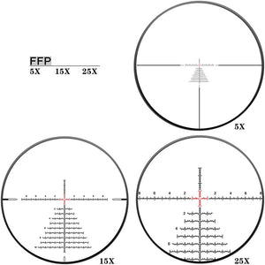 First Focal Plane Christmas Tree Type Reticle Of Discovery Optics ED-PRS GEN-II 5-25X56mm Riflescope Are Shown At Magnifications From 5X to 25X