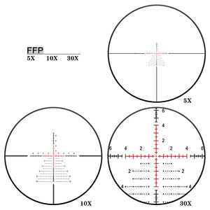 First Focal Plane Christmas Tree Type Reticle Of Discovery Optics HD GEN-II 5-30X56mm Riflescope Are Shown At Magnifications From 5X to 30X
