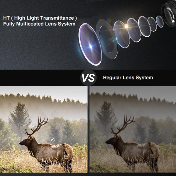 Load image into Gallery viewer, Discovery Optics HT (High Light Transmittance) Fully Multicoated Lens System Shown Compared To A Regular Lens
