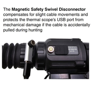 Bering Optics Thermal Scope Is Shown With External Battery Pack Connected With Magneic Safety Swivel Disconnector Compensating For Slight Movements And Protecting The Thermal Sight Port If The Cable Is Accidentally Pulled While Night Hunting