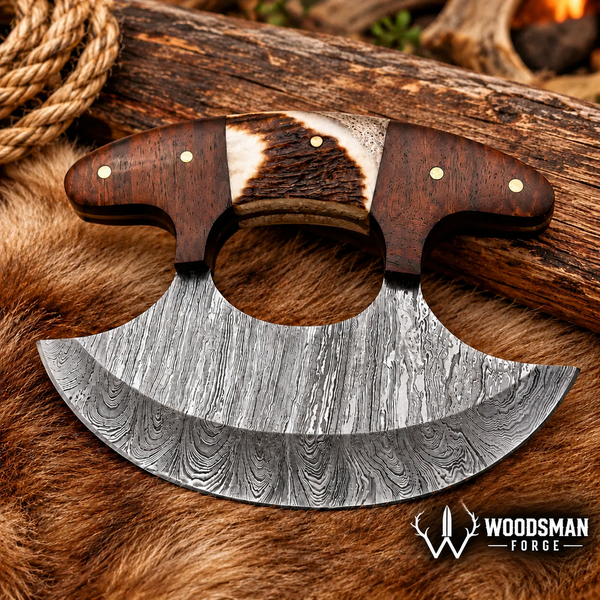 Load image into Gallery viewer, Stagwood Crescent™ Damascus Ulu Knife with Stag Antler & Rosewood Handle