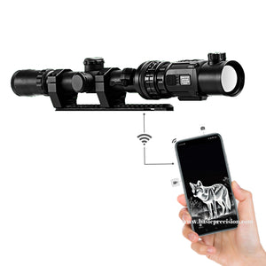 Bering Optics Super Yoter C Thermal Clip-On Shown Transmitting Thermal Image Of A Coyote To A Phone During Night Hunting