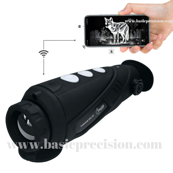 Load image into Gallery viewer, Bering Optics Phenom Thermal Monocular Shown Transmitting Thermal Image Of A Coyote On A Phone During Night Hunting
