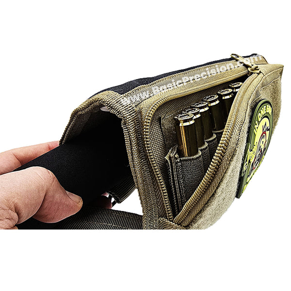 Load image into Gallery viewer, Hand inserting a foam shim into the Basic Cheek Riser next to loaded ammo holder, suitable for Bering Optics Hogster, Super Hogster, and Super Yoter  thermal scopes