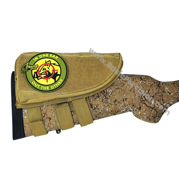 Load image into Gallery viewer, Basic Cheek Riser installed on rifle, showing Bering Optics patch and closed pocket, fits Bering Optics Hogster, Super Hogster, and Super Yoter  thermal scopes