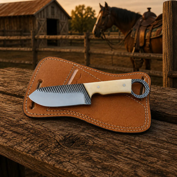 Load image into Gallery viewer, Bonehart Rasp Steel Skinner Knife – Bone Handle & Leather Sheath