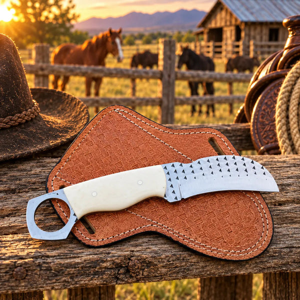 Load image into Gallery viewer, Bonehook Rasp Steel Bone Handle Hawkbill Knife – 7" with Leather Sheath
