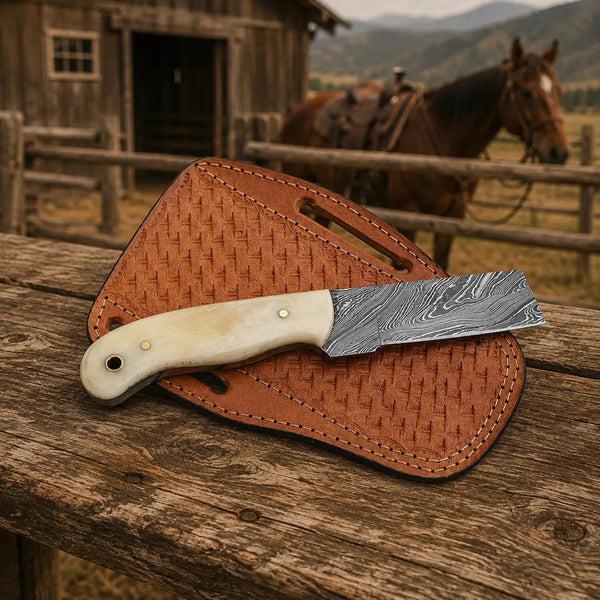 Load image into Gallery viewer, Bullcrest Cowboy Bull Cutter – Damascus Steel, Bone Handle & Leather Sheath