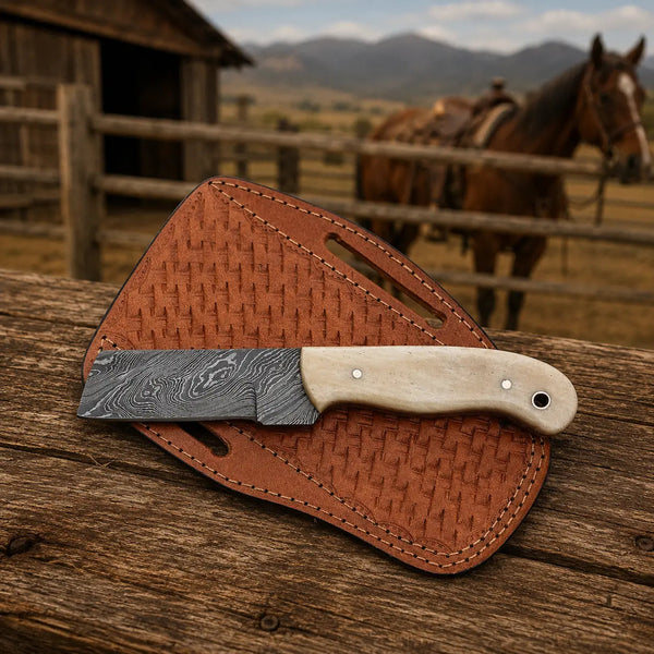 Load image into Gallery viewer, Bullcrest Cowboy Bull Cutter – Damascus Steel, Bone Handle & Leather Sheath