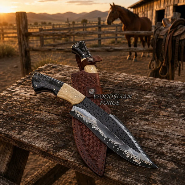 Load image into Gallery viewer, Cinderhorn D2 Bowie Knife – 12" D2 Steel, Camel Bone & Bull Horn