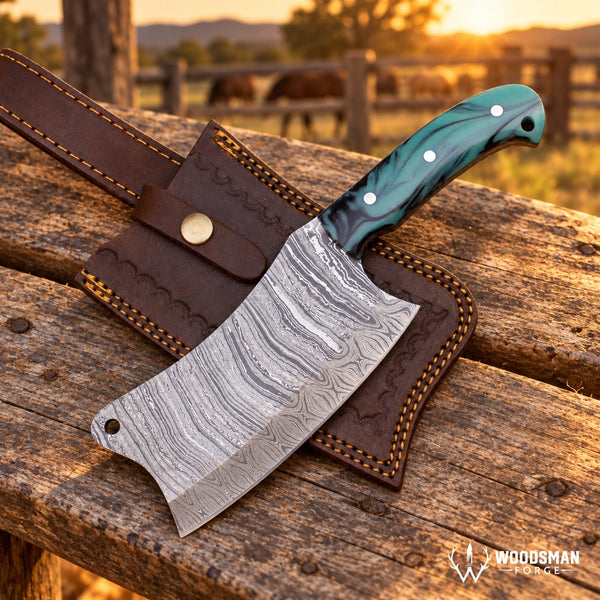 Load image into Gallery viewer, Prismforge Mosaiccrest Damascus Cleaver Knife – Multicolour Acrylic Handle