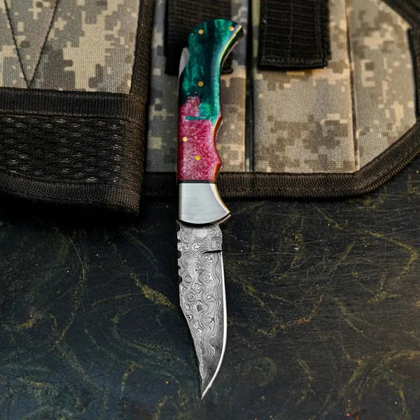 Load image into Gallery viewer, Damascus Folding Pocket Knife with Resin Handle | Handmade Hunting Knife