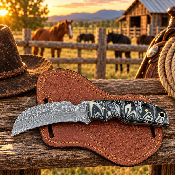 Load image into Gallery viewer, Embercrest Damascus Hawkbill Knife – Damascus Steel, Resin Handle & Leather Sheath