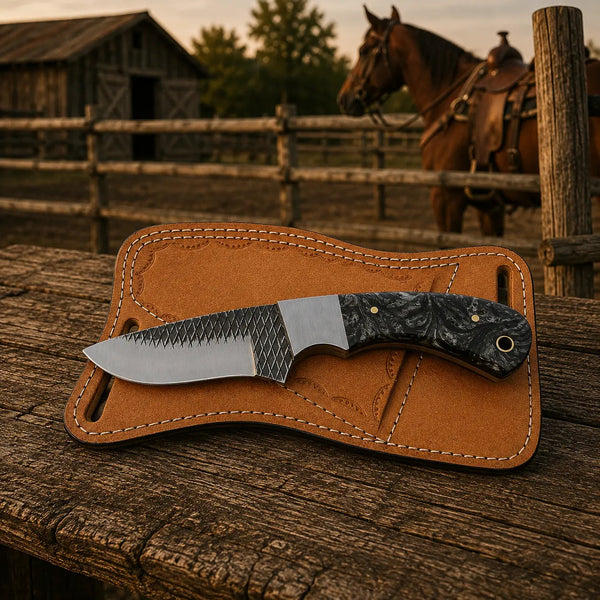 Load image into Gallery viewer, Flintmark Rasp Steel Skinner Knife – Resin Handle & Leather Sheath