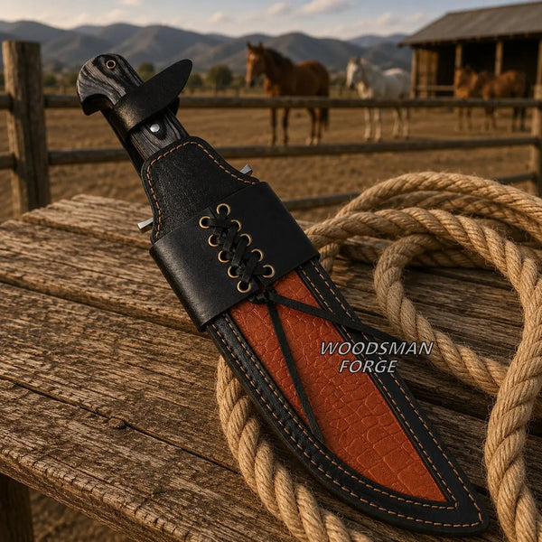 Load image into Gallery viewer, Frontierbane D2 Bowie Knife – 15" D2 Steel, Exotic Wood & Leather Sheath