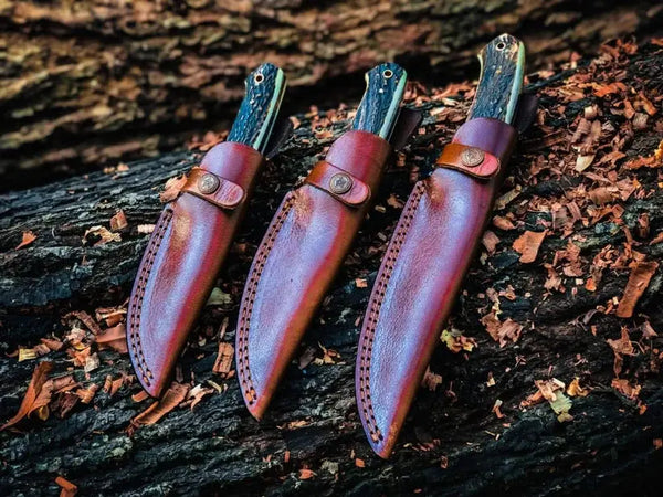 Load image into Gallery viewer, 3-Piece Stag Horn Fixed Blade Knife Set with Leather Sheaths