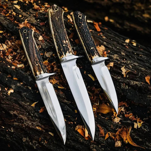 Load image into Gallery viewer, 3-Piece Stag Horn Fixed Blade Knife Set with Leather Sheaths