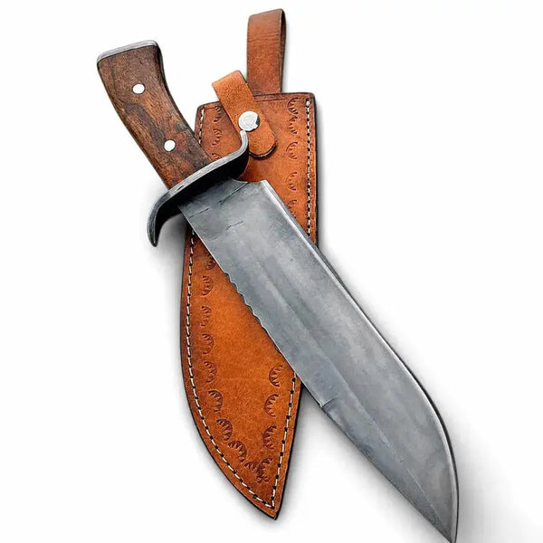 Load image into Gallery viewer, Hand Forged Bowie Hunting Knife with Wooden Handle & Leather Sheath