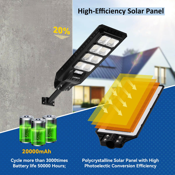 Load image into Gallery viewer, Solar street light with high-efficiency solar panel and battery life information on a blue background.