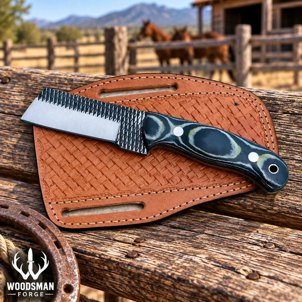 Load image into Gallery viewer, Ironvale Rasp Steel Cowboy Bull Cutter Knife – Micarta Handle & Leather Sheath