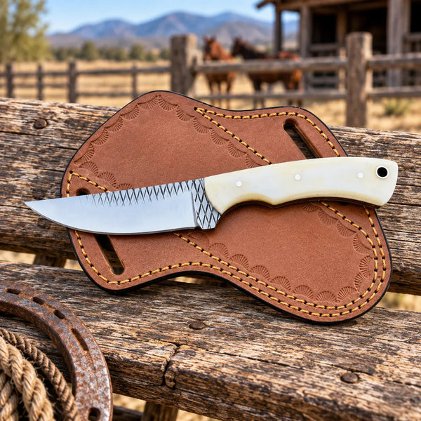 Load image into Gallery viewer, Bonehart Rasp Steel Skinner Knife – Bone Handle & Leather Sheath