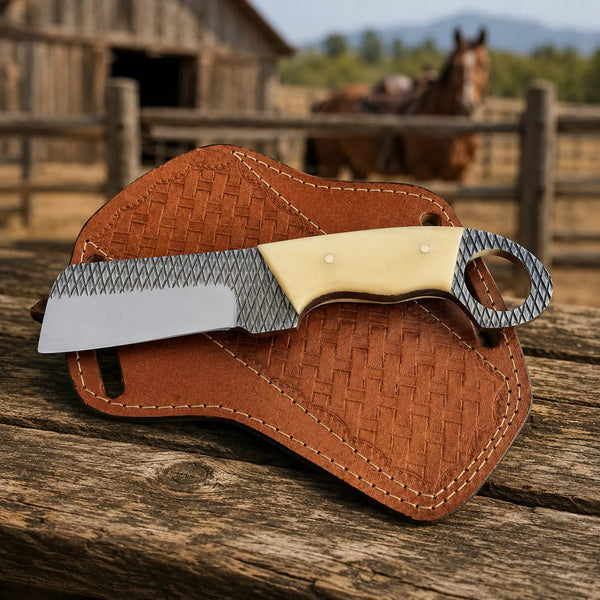 Load image into Gallery viewer, Rasphorn Rasp Steel Cowboy Bull Cutter – Bone Handle & Leather Sheath