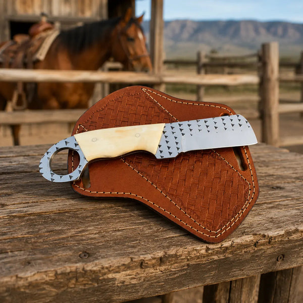 Load image into Gallery viewer, Rasphorn Rasp Steel Cowboy Bull Cutter – Bone Handle & Leather Sheath