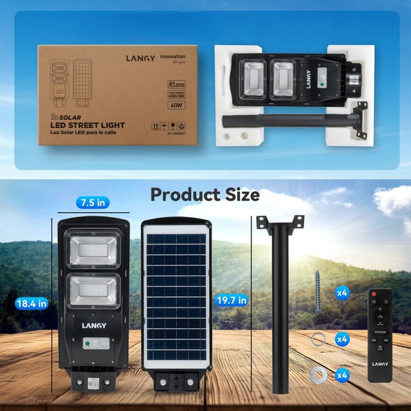 Load image into Gallery viewer, Solar light set with packaging, installation bracket, and product dimensions on a scenic background.