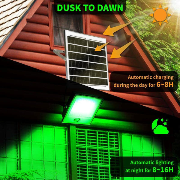 Load image into Gallery viewer, Solar panel on a roof with text indicating dusk to dawn operation and automatic charging during the day.