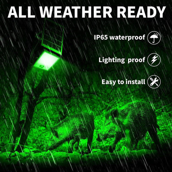 Load image into Gallery viewer, LED solar feeder light emitting green light in a rain scene with hogs, highlighting waterproof and all-weather features.
