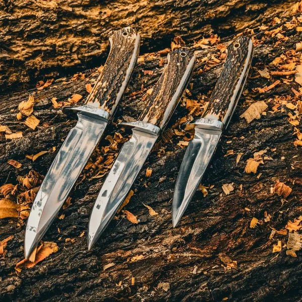 Load image into Gallery viewer, 3-Piece Stag Horn Fixed Blade Knife Set with Leather Sheaths