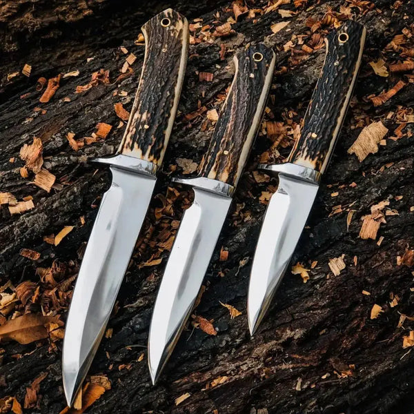 Load image into Gallery viewer, 3-Piece Stag Horn Fixed Blade Knife Set with Leather Sheaths