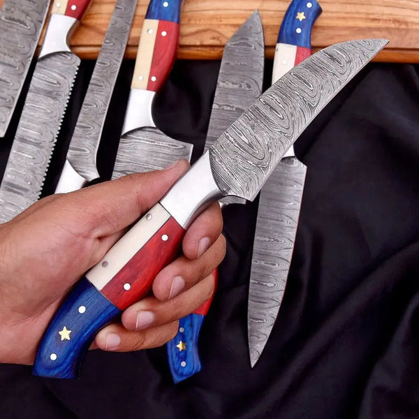 Load image into Gallery viewer, 7-Piece Handmade Damascus Steel Chef Knife Set – Twist Pattern Full Tang Kitchen Knives