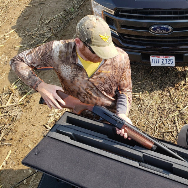 Load image into Gallery viewer, A Hunter Picking Up One Of Two Shotguns From Hunt-Ready Top-Opener Double Scoped Rifle Lakewood Hardcase
