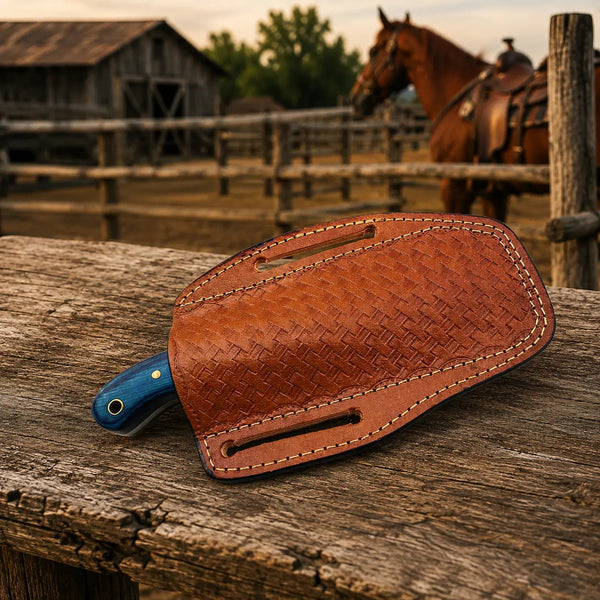 Load image into Gallery viewer, Westmere Damascus Cowboy Bull Cutter Knife – Pakkawood Handle & Leather Sheath