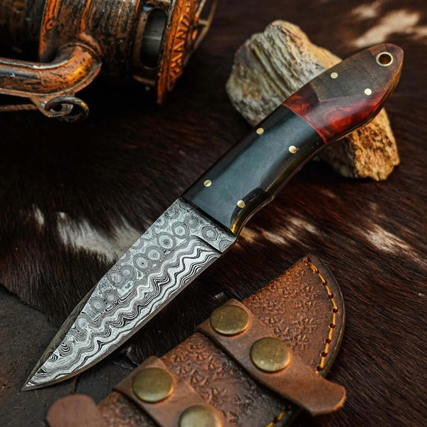 Load image into Gallery viewer, 7.8" Handmade Damascus Skinner Knife – Full Tang Resin Handle & Sheath
